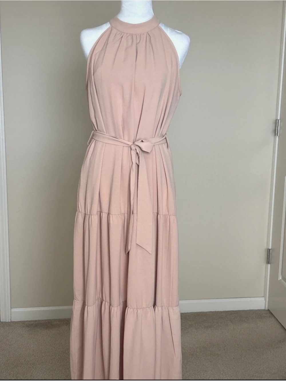 Sleeveless Tiered Maxi Dress with Waist Tie in Blush Pink